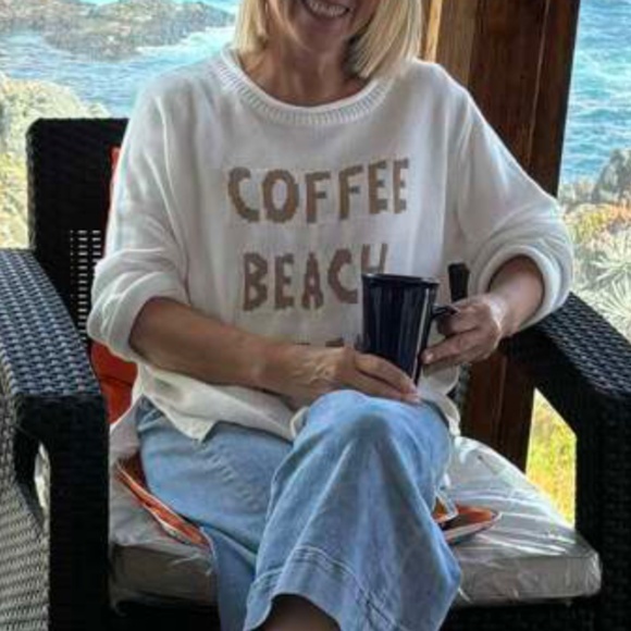 Cozy White Coffee Beach Repeat Graphic Sweater Top - Picture 2 of 8